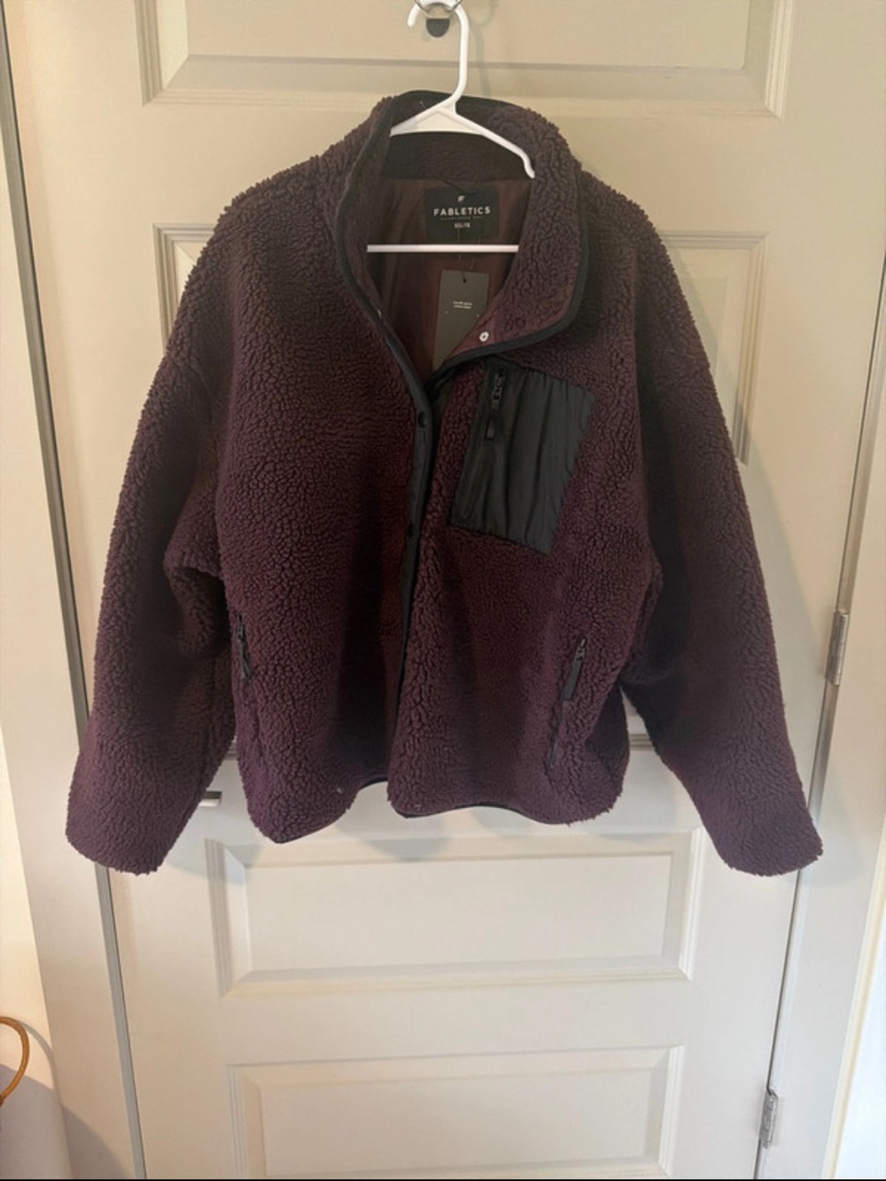 Fabletics Plush Sherpa Jacket in Deep Plum with Black Trim